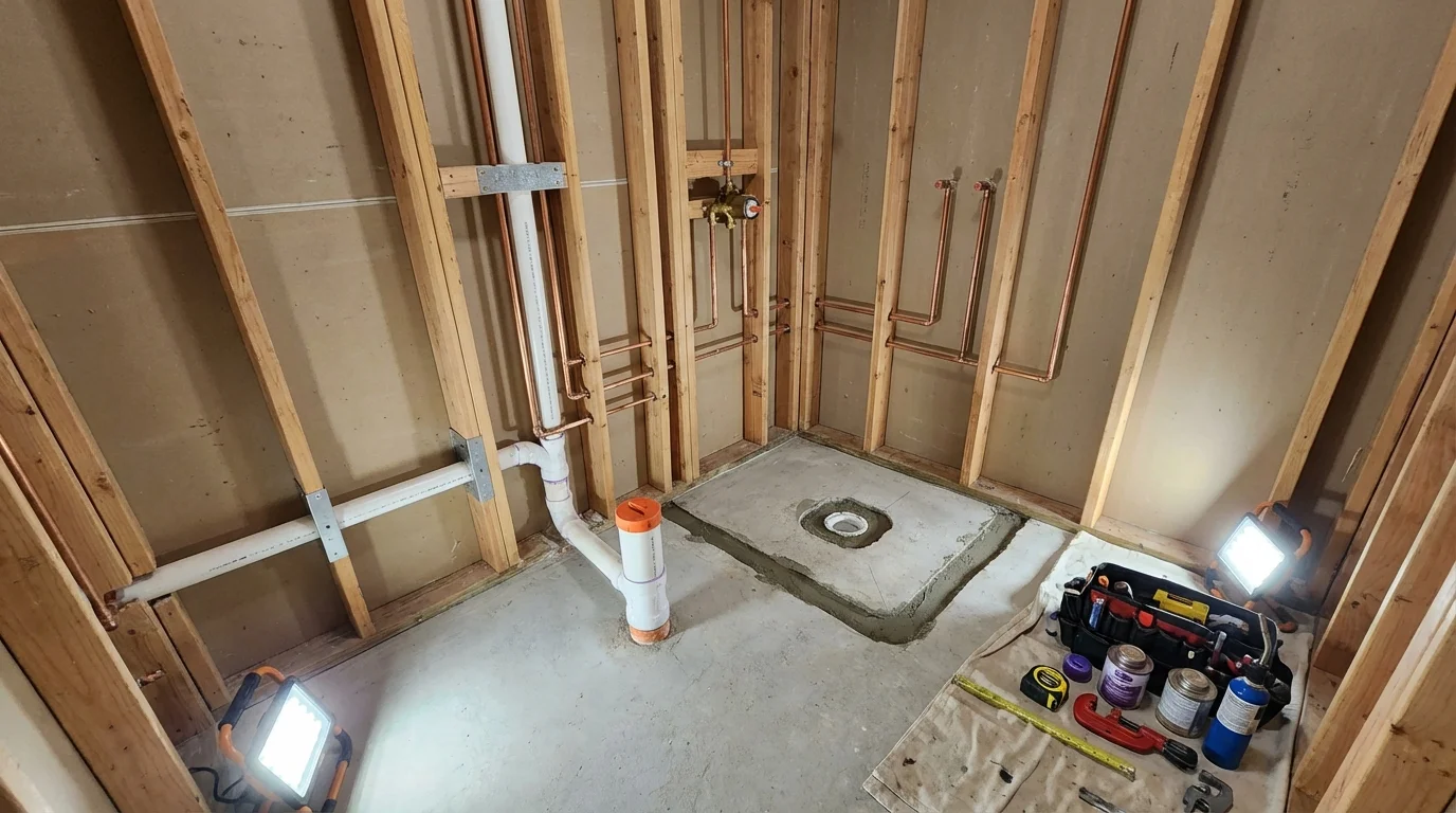 Bathroom rough-in plumbing during remodel by Johns Plumbing LLC in Stanwood