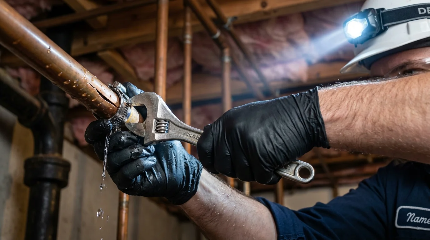 Emergency pipe clamp repair being performed by a Johns Plumbing LLC plumber in Stanwood