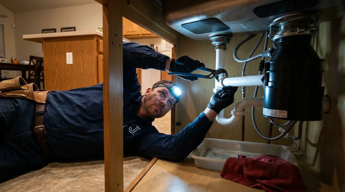 P-trap and supply line connections under a kitchen sink showing a common leak point in Stanwood, WA
